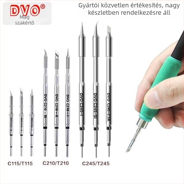 C210 sorozat forrasztóhegy; réz, ólommentes; formák: pointed head / knife head / curved head; hőmérséklet-tartomány 0–500°C; maximális teljesítmény 150W; kompatibilis GVM/JBC/OSS/T26 állomásokkal