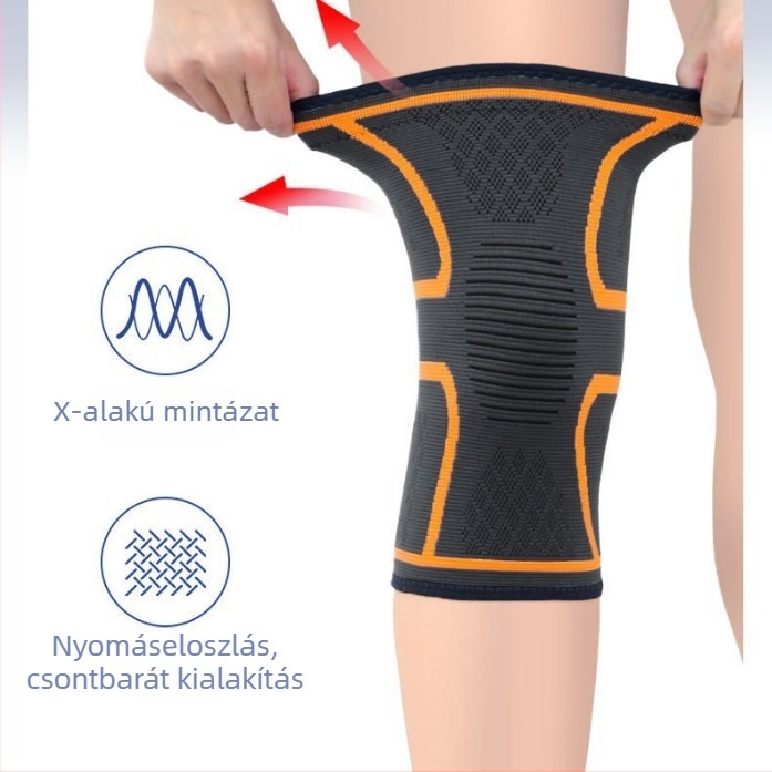 Ultra vékony kötött térdvédő csúszásmentes felülettel, ideális kosárlabdára, futásra és fitneszre; anyagok: nylon, spandex, latex selyem