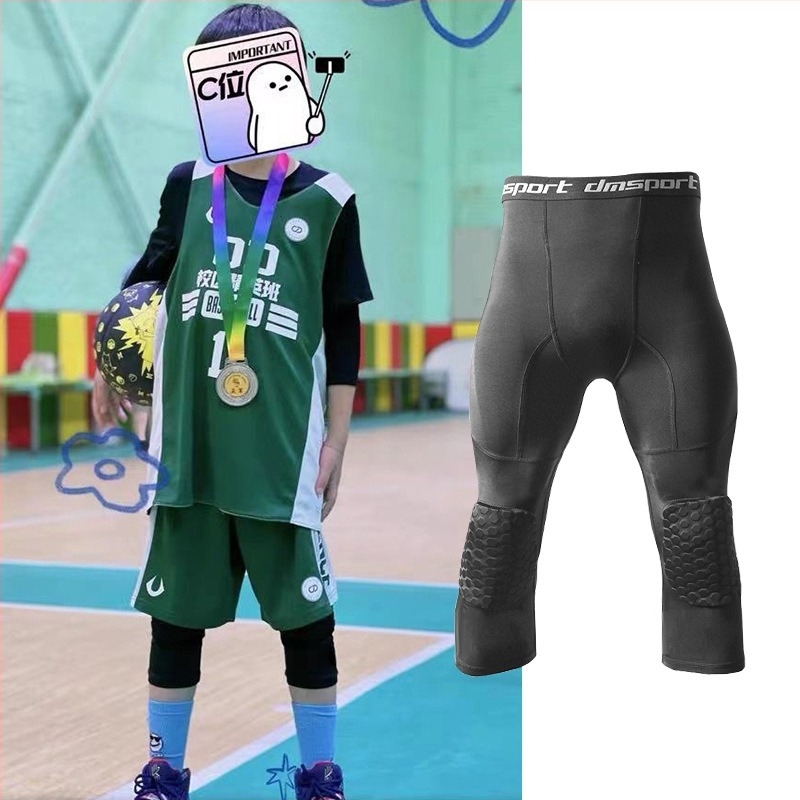 Gyerekeknek capri nadrág méhsejt mintás térdvédővel, kosárlabda és futballhoz, légáteresztő, rugalmas edzőnadrág