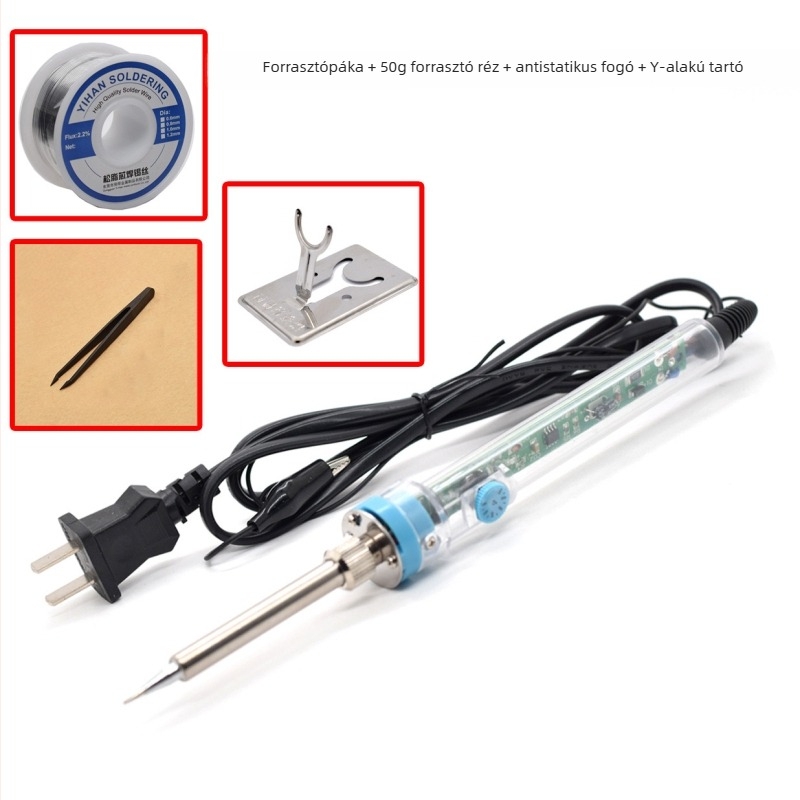 Állítható hőmérsékletű elektromos forrasztókészlet, 60 W, gumírozott markolattal, desoldering, gravírozás és pyrográfia