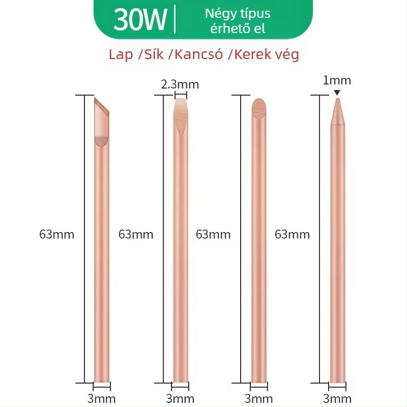 Jie Fei Tiszta réz külső fűtésű forrasztócsúcs készlet, 30W/40W/60W, csúcsok: hegyes, sík és patkó alakú