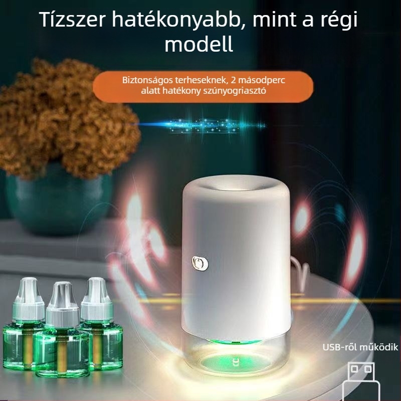Autós USB-s szúnyogriasztó folyadékkal, 11–20 m²-es területhez, LED UV fény, alumínium háló, ABS burkolat