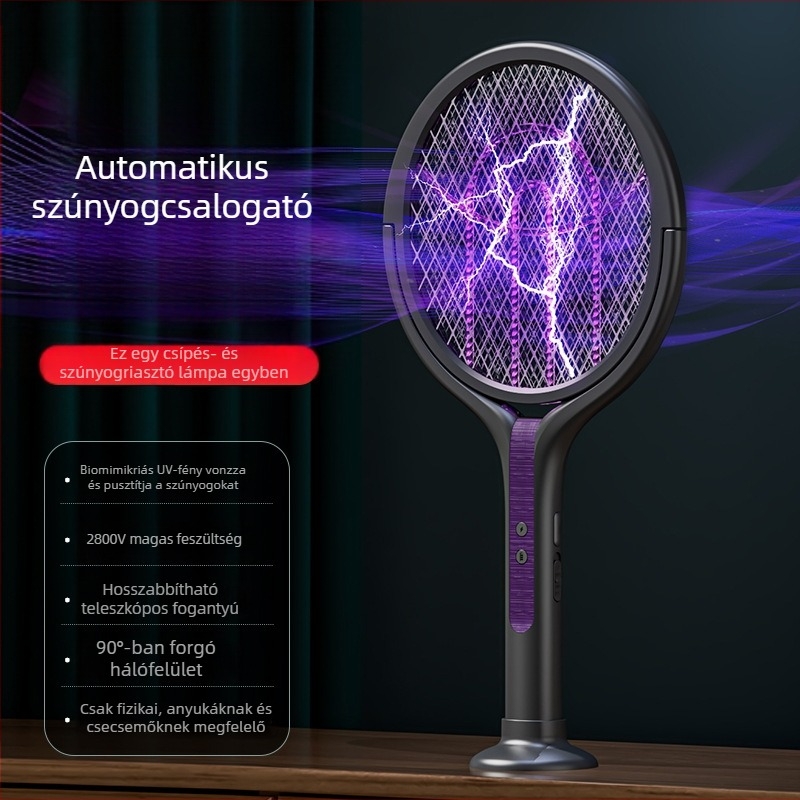 Világító LED-es elektromos szúnyogütő, teleszkópos, összecsukható, 90°-ban elforgatható, újratölthető