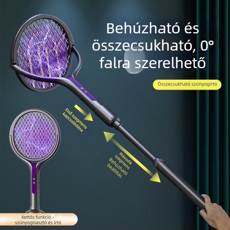 Világító LED-es elektromos szúnyogütő, teleszkópos, összecsukható, 90°-ban elforgatható, újratölthető