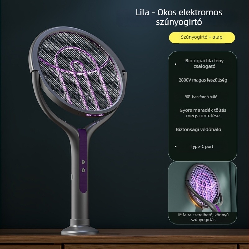 Világító LED-es elektromos szúnyogütő, teleszkópos, összecsukható, 90°-ban elforgatható, újratölthető