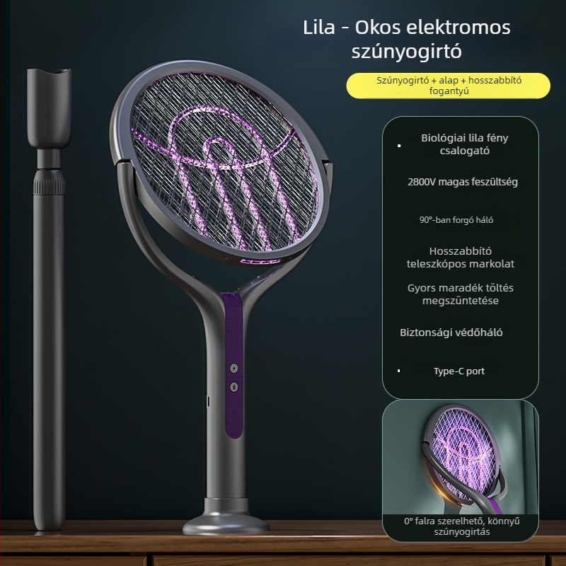 Világító LED-es elektromos szúnyogütő, teleszkópos, összecsukható, 90°-ban elforgatható, újratölthető