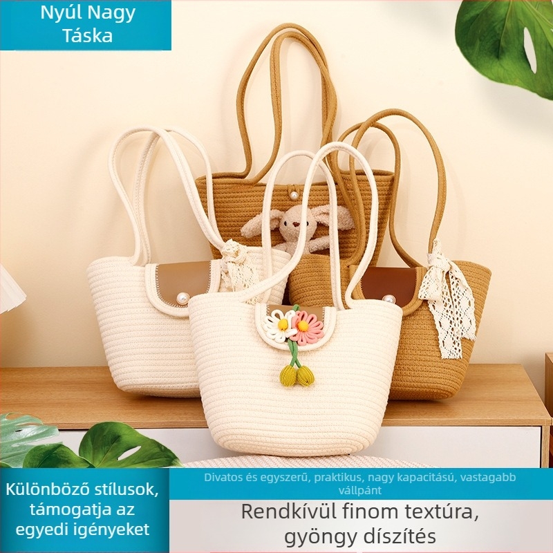 Pamutból készült strand tote táska, szövött külső, modern stílus, 2026-os modell, nagy kapacitás
