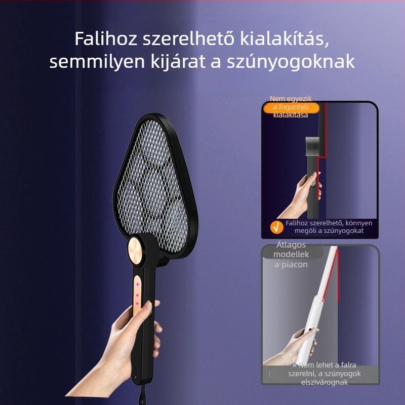Elektromos szúnyogcsapó, összehajtható kettős kialakítás, beépített 1001–1600 mAh akkumulátor, LED világítás, 11–20 m² lefedettség, 180°-os forgás