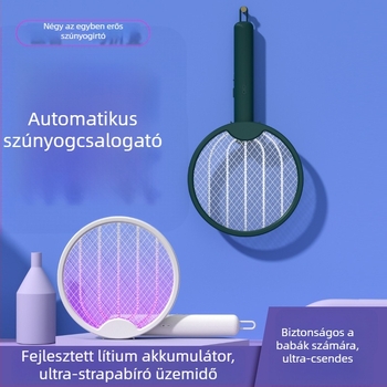 Összecsukható USB-re tölthető elektromos szúnyogirtó – 4 az 1-ben, kézi és falra szerelhető, LED világítás, 360° forgás, 10 m² lefedettség