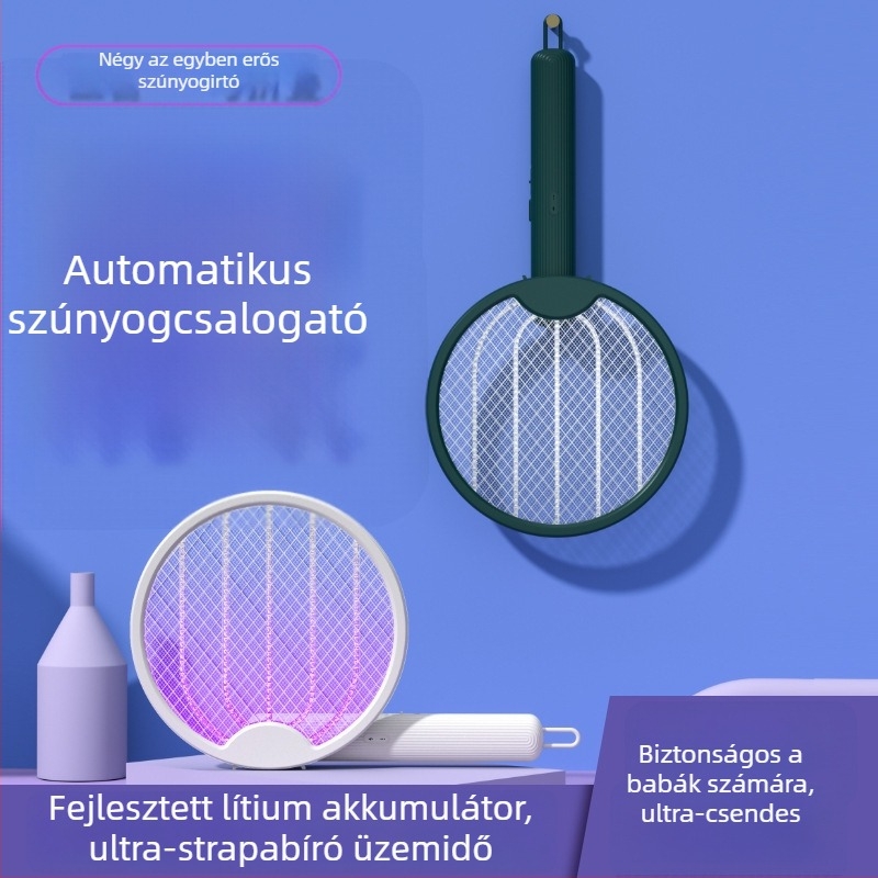 Összecsukható USB-re tölthető elektromos szúnyogirtó – 4 az 1-ben, kézi és falra szerelhető, LED világítás, 360° forgás, 10 m² lefedettség
