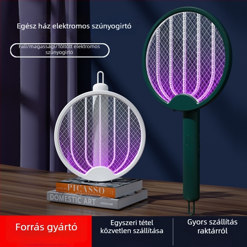 Összecsukható USB-re tölthető elektromos szúnyogirtó – 4 az 1-ben, kézi és falra szerelhető, LED világítás, 360° forgás, 10 m² lefedettség