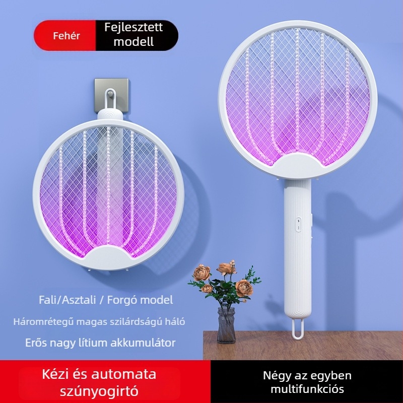 Összecsukható USB-re tölthető elektromos szúnyogirtó – 4 az 1-ben, kézi és falra szerelhető, LED világítás, 360° forgás, 10 m² lefedettség