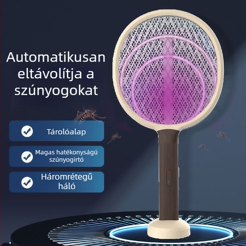 Összecsukható USB-re tölthető elektromos szúnyogirtó – 4 az 1-ben, kézi és falra szerelhető, LED világítás, 360° forgás, 10 m² lefedettség