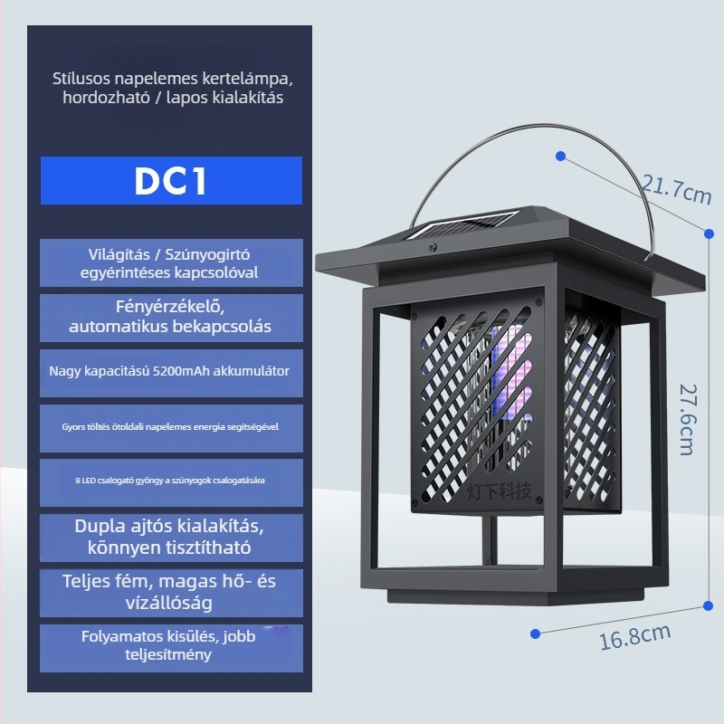 Napelemes szúnyogriasztó lámpa LED-del, 0–180° forgatható, 61 m² feletti lefedettség, beépített 5001 mAh akkumulátor