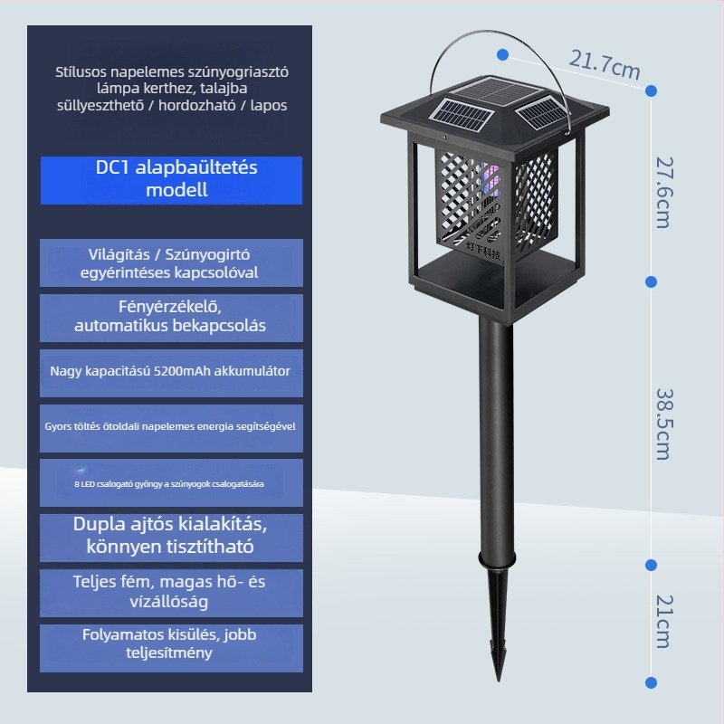 Napelemes szúnyogriasztó lámpa LED-del, 0–180° forgatható, 61 m² feletti lefedettség, beépített 5001 mAh akkumulátor
