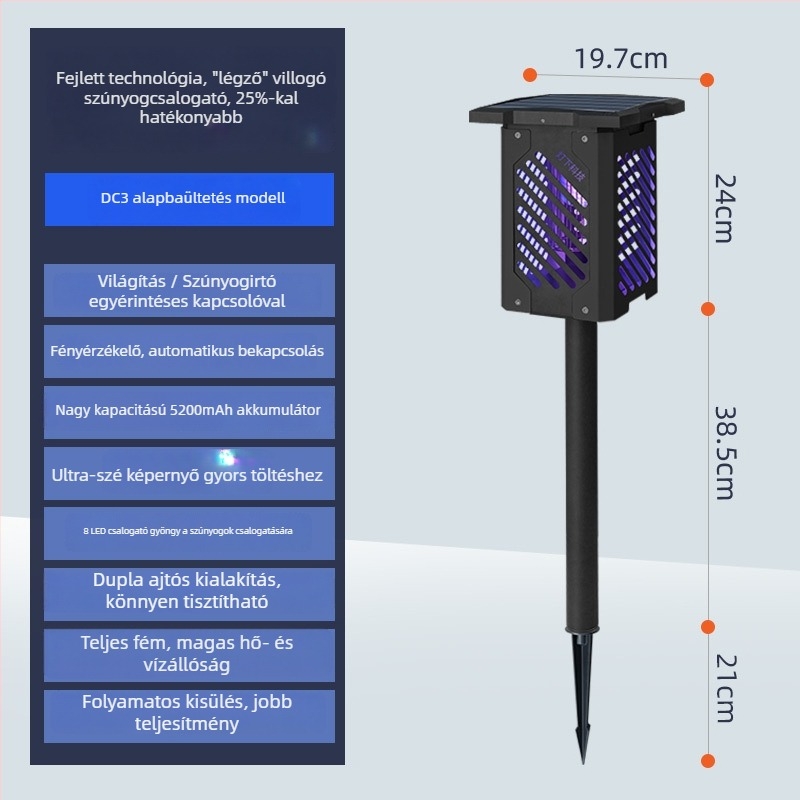 Napelemes szúnyogriasztó lámpa LED-del, 0–180° forgatható, 61 m² feletti lefedettség, beépített 5001 mAh akkumulátor
