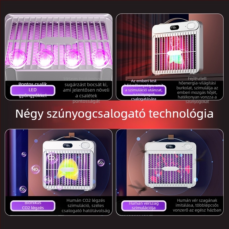 Beépített 1001–1600 mAh-s akkumulátorral működő elektromos szúnyogölő lámpa, USB töltés, 6–8 órás üzemidő, toxinmentes és rovarirtó-mentes, 61 m²-nél nagyobb helyiségekhez