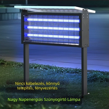 Napelemes szúnyogriasztó lámpa kültérre — vízálló, elektromos sokkoló; lefedettség 100–400 m²; 1500 mAh+ akkumulátor; levehető akkumulátor.
