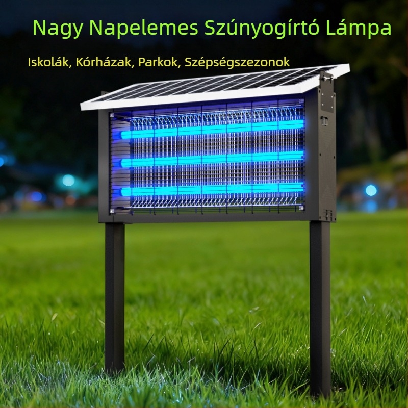 Napelemes szúnyogriasztó lámpa kültérre — vízálló, elektromos sokkoló; lefedettség 100–400 m²; 1500 mAh+ akkumulátor; levehető akkumulátor.