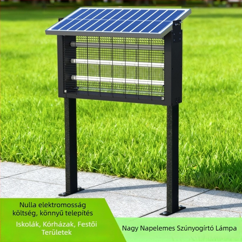 Napelemes szúnyogriasztó lámpa kültérre — vízálló, elektromos sokkoló; lefedettség 100–400 m²; 1500 mAh+ akkumulátor; levehető akkumulátor.