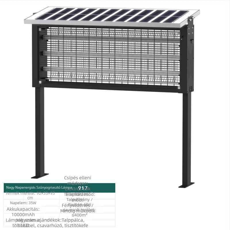 Napelemes szúnyogriasztó lámpa kültérre — vízálló, elektromos sokkoló; lefedettség 100–400 m²; 1500 mAh+ akkumulátor; levehető akkumulátor.