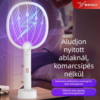 Otthoni használatra szánt elektromos szúnyogcsapó - kettős funkciójú eszköz: szúnyogfogó és légycsapó UV-fénnyel az odacsaláshoz és elpusztítás érdekében, beépített akkumulátor 801-1000 mAh, üzemidő 1-3 óra, töltési idő 5-8 óra.