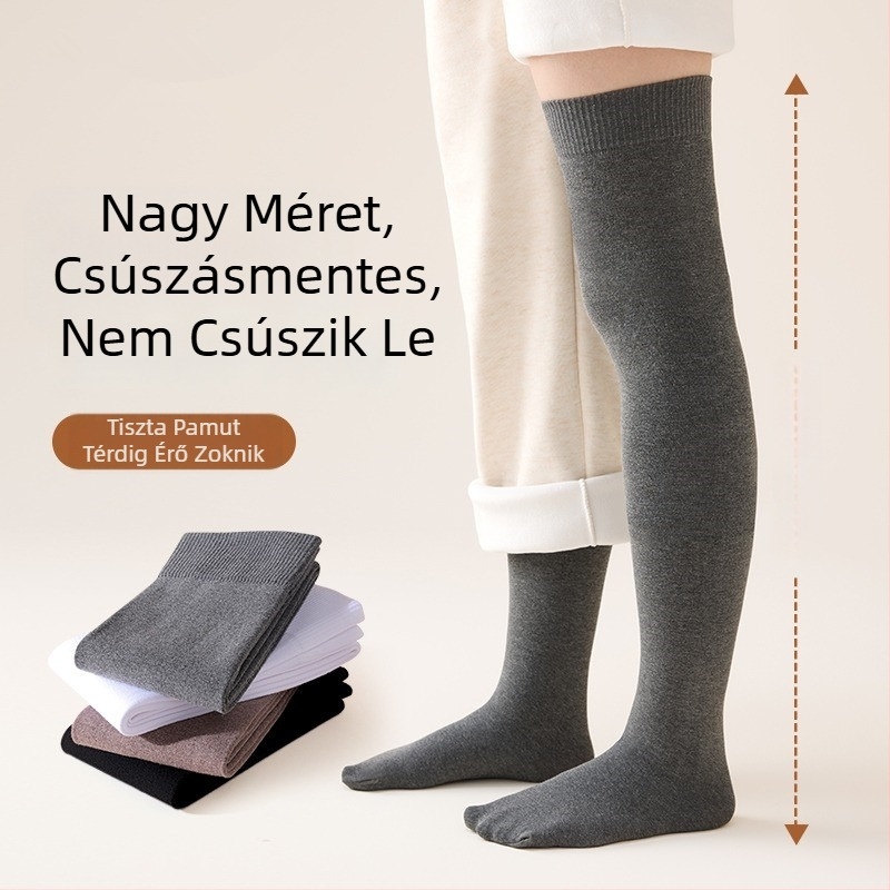 Nagy méretű női térd fölé érő zokni, vastag pamutból, csúszásmentes, őszi–téli szezonra, hosszú cső