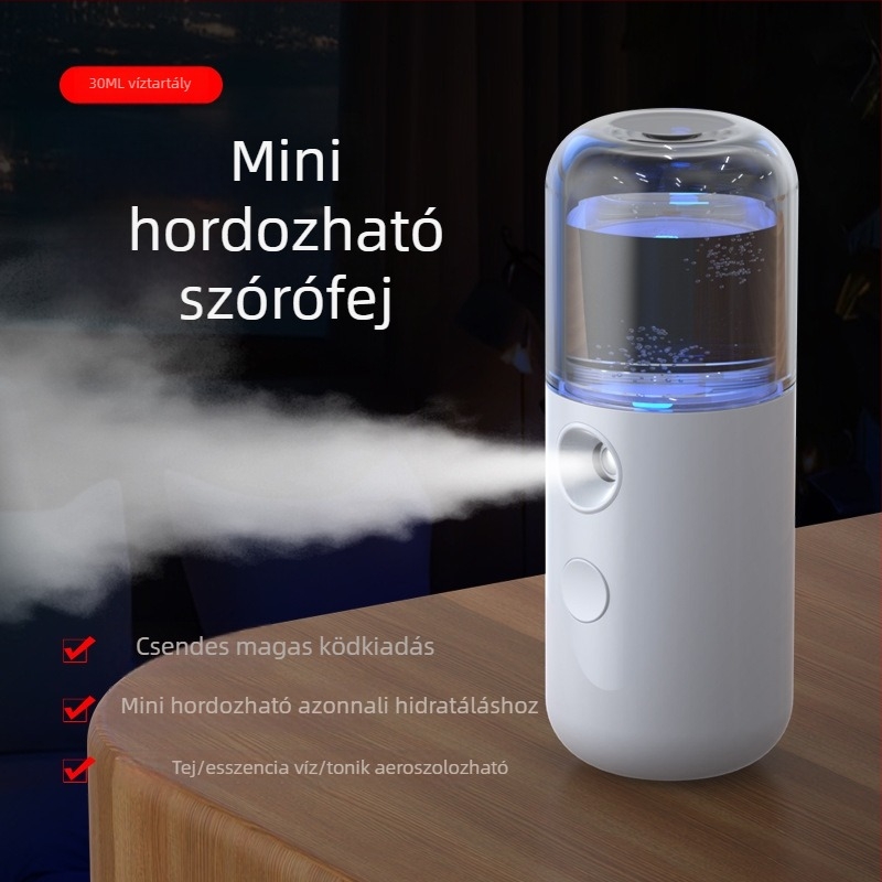 Kézben tartható arcfelhidratáló permetező berendezés, USB-ről töltve, hideg permet, ködpermet idő 31–60 s, beépített akkumulátor 100–300 mAh, üzemidő 1–3 óra