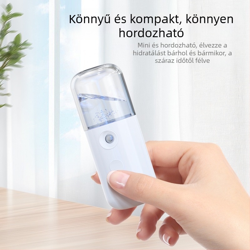 Kézben tartható arcfelhidratáló permetező berendezés, USB-ről töltve, hideg permet, ködpermet idő 31–60 s, beépített akkumulátor 100–300 mAh, üzemidő 1–3 óra