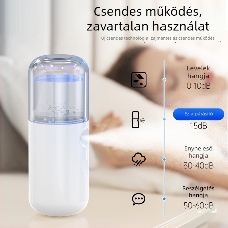 Kézben tartható arcfelhidratáló permetező berendezés, USB-ről töltve, hideg permet, ködpermet idő 31–60 s, beépített akkumulátor 100–300 mAh, üzemidő 1–3 óra