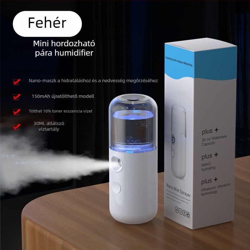 Kézben tartható arcfelhidratáló permetező berendezés, USB-ről töltve, hideg permet, ködpermet idő 31–60 s, beépített akkumulátor 100–300 mAh, üzemidő 1–3 óra