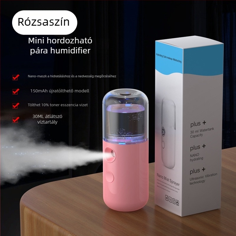Kézben tartható arcfelhidratáló permetező berendezés, USB-ről töltve, hideg permet, ködpermet idő 31–60 s, beépített akkumulátor 100–300 mAh, üzemidő 1–3 óra