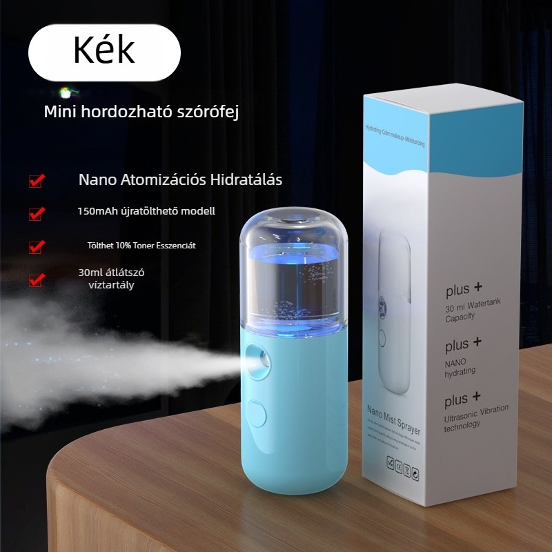 Kézben tartható arcfelhidratáló permetező berendezés, USB-ről töltve, hideg permet, ködpermet idő 31–60 s, beépített akkumulátor 100–300 mAh, üzemidő 1–3 óra