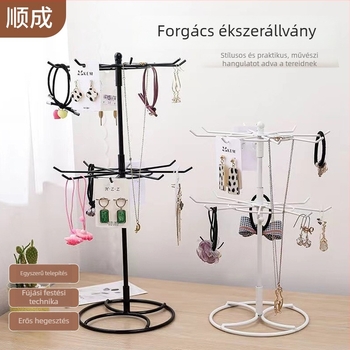 Forgó kovácsoltvas ékszerállvány, padlóra álló, 2 szintes, levehető tároló az ékszerekhez