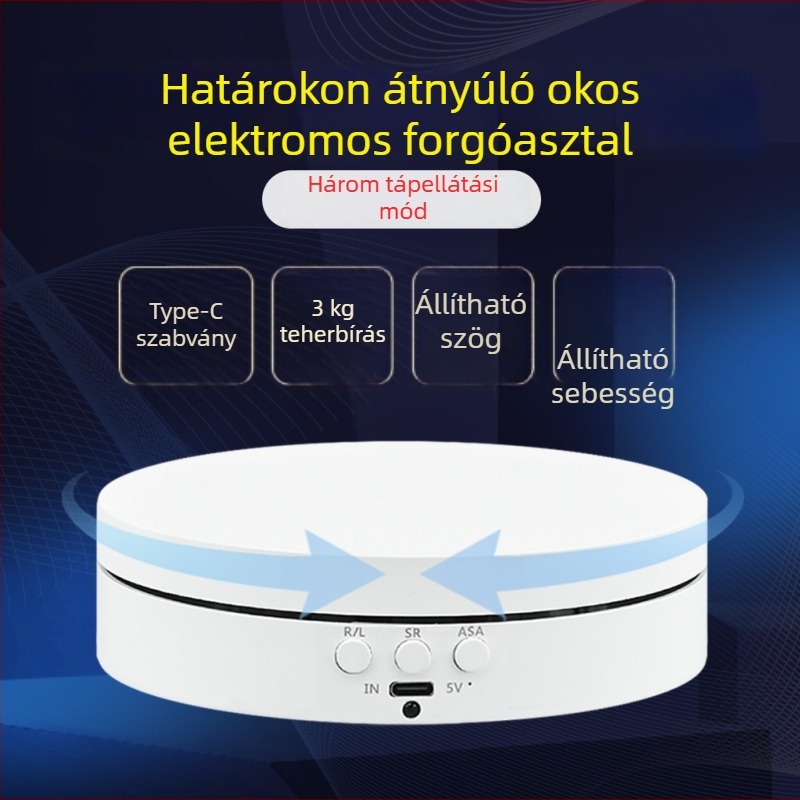 Elektromos forgó bemutatóasztal, kerek ABS ház, állítható sebesség és szög, akkumulátoros vagy hálózati táplálás