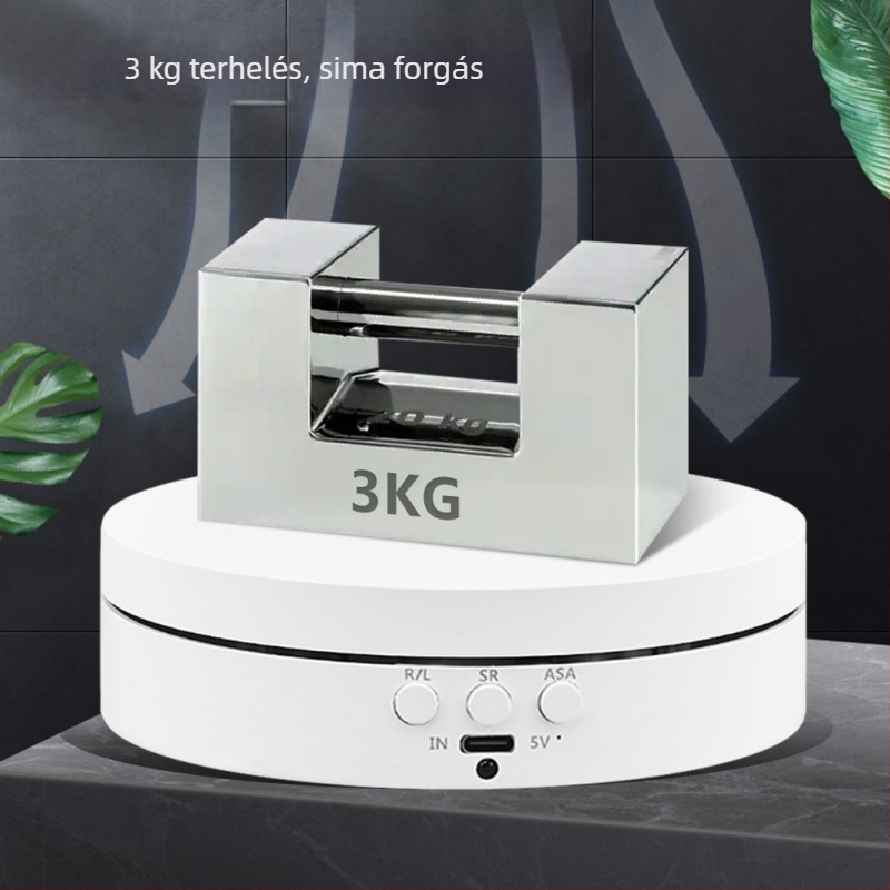 Elektromos forgó bemutatóasztal, kerek ABS ház, állítható sebesség és szög, akkumulátoros vagy hálózati táplálás