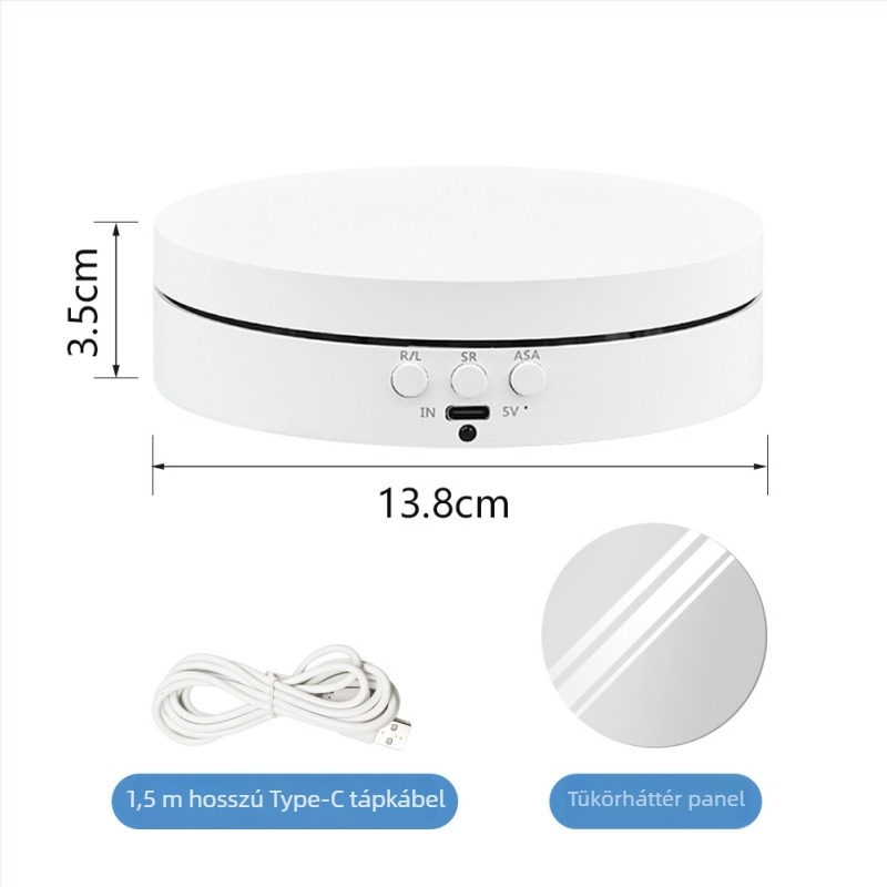 Elektromos forgó bemutatóasztal, kerek ABS ház, állítható sebesség és szög, akkumulátoros vagy hálózati táplálás