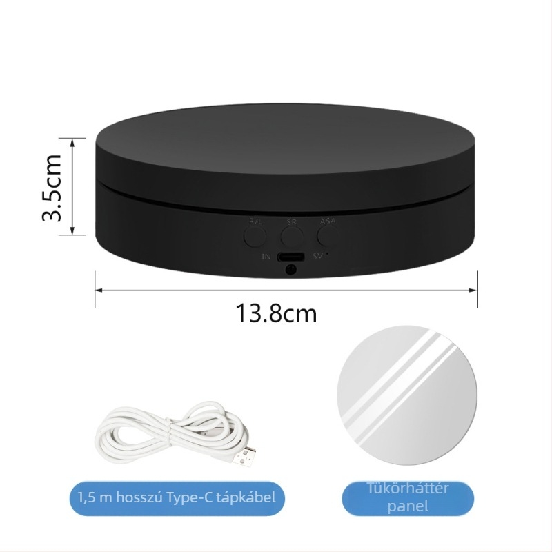 Elektromos forgó bemutatóasztal, kerek ABS ház, állítható sebesség és szög, akkumulátoros vagy hálózati táplálás