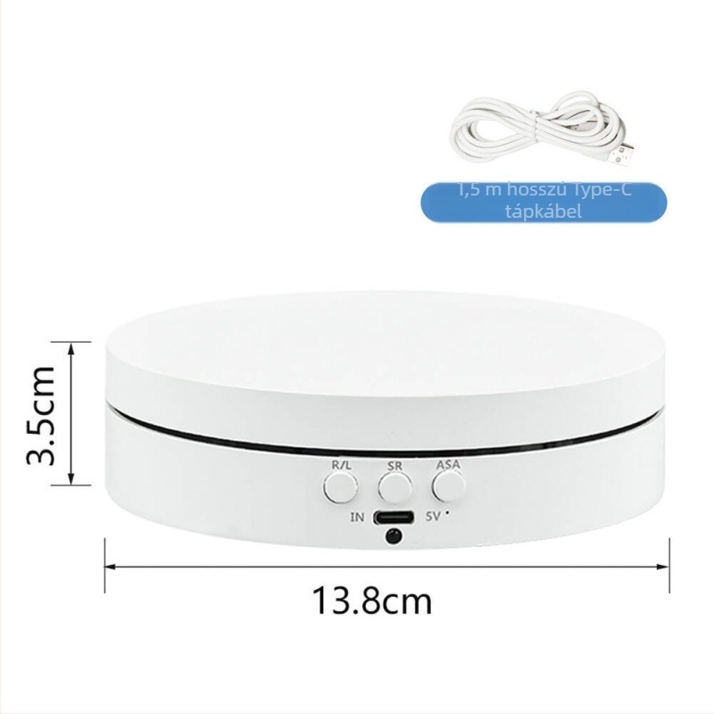 Elektromos forgó bemutatóasztal, kerek ABS ház, állítható sebesség és szög, akkumulátoros vagy hálózati táplálás