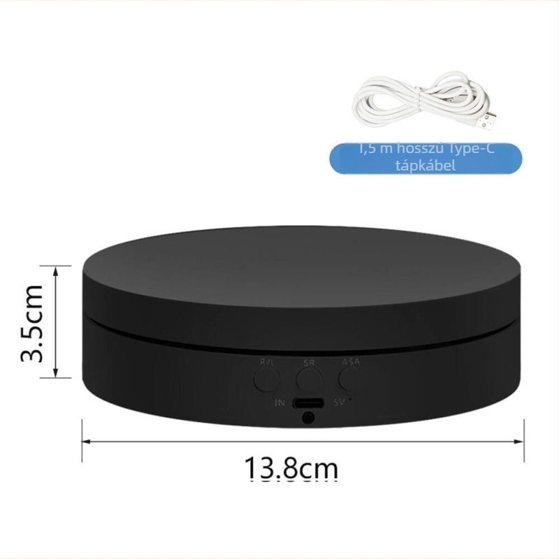 Elektromos forgó bemutatóasztal, kerek ABS ház, állítható sebesség és szög, akkumulátoros vagy hálózati táplálás