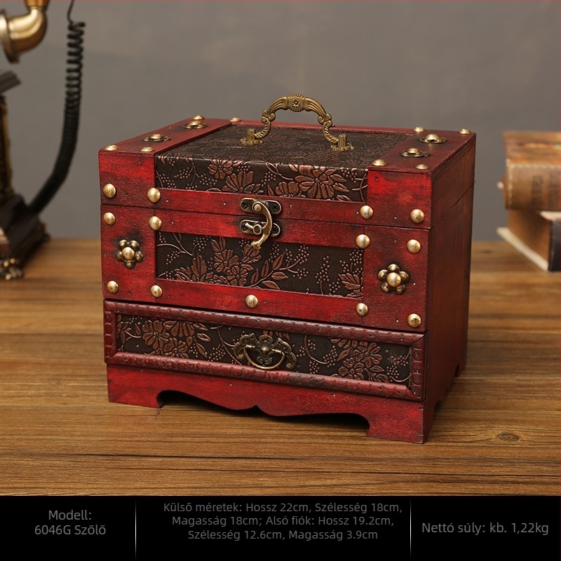Fa ékszerdoboz klasszikus kínai stílusban, porálló asztali tároló két szinttel