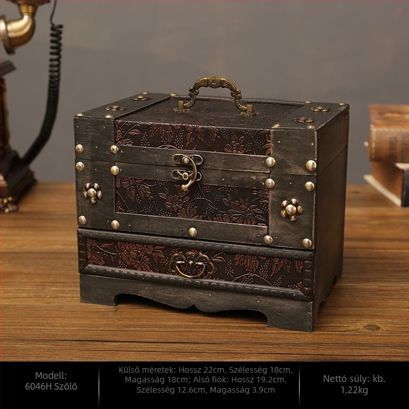 Fa ékszerdoboz klasszikus kínai stílusban, porálló asztali tároló két szinttel