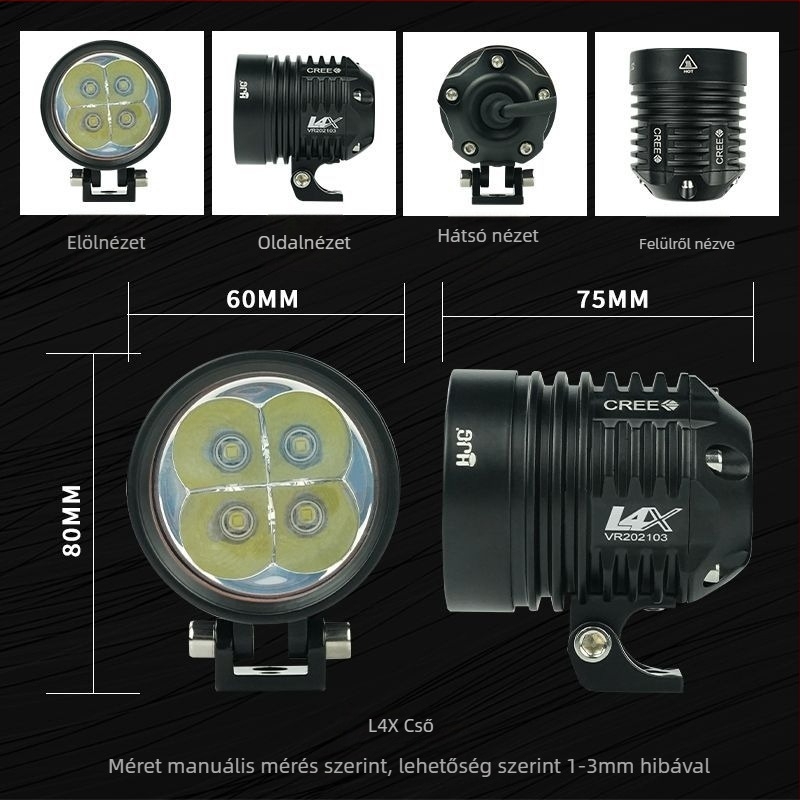 Motorkerékpár LED fényszóró teleszkóposan állítható csővel és külső lézerágyúval, IP68, 20–45W, 12–80V, univerzális kompatibilitás, élettartam 30 000 óra