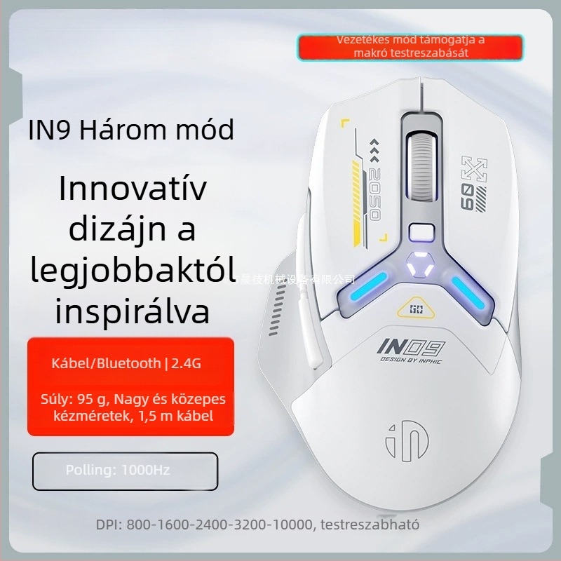 IN9 hárommódos vezeték nélküli Bluetooth egér játékokra és irodára, 10000 DPI, 6 gomb, ergonómikus