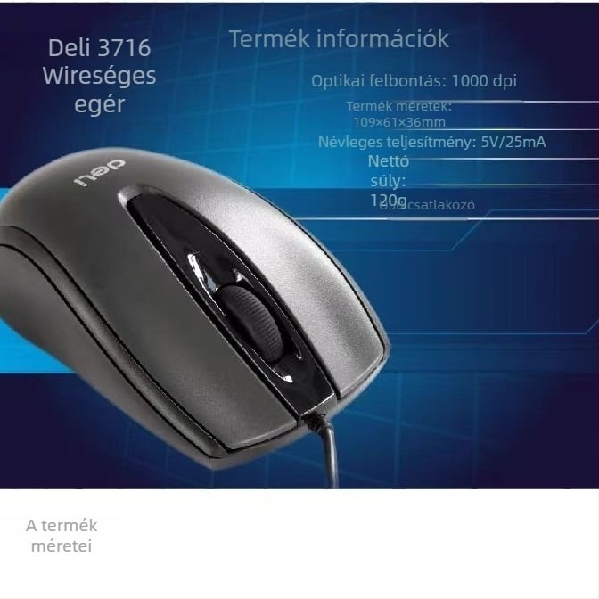Deli 3716 kábeles egér – optikai érzékelő, ergonómikus kialakítás, kábelhossz 2 m