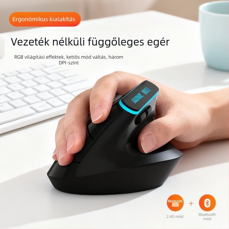 Ergonomikus újratölthető vezeték nélküli egér kettős móddal 2.4G és Bluetooth, vertikális kialakítás, 6 gomb, 1600 DPI