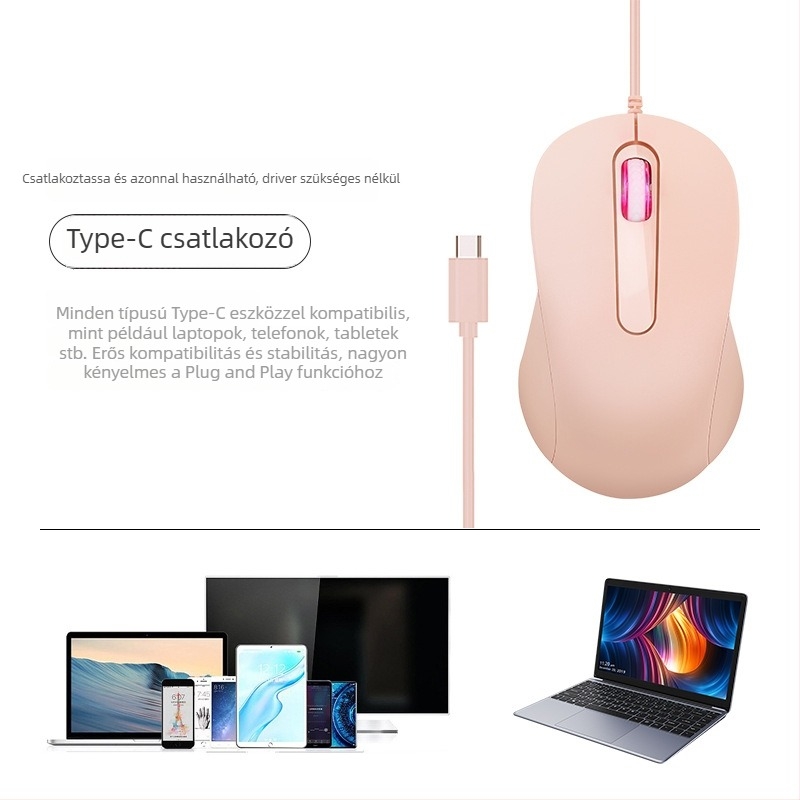 Type-C vezetékes optikai egér, 1000dpi, 3 gomb, USB interfész, 1.5 m kábel