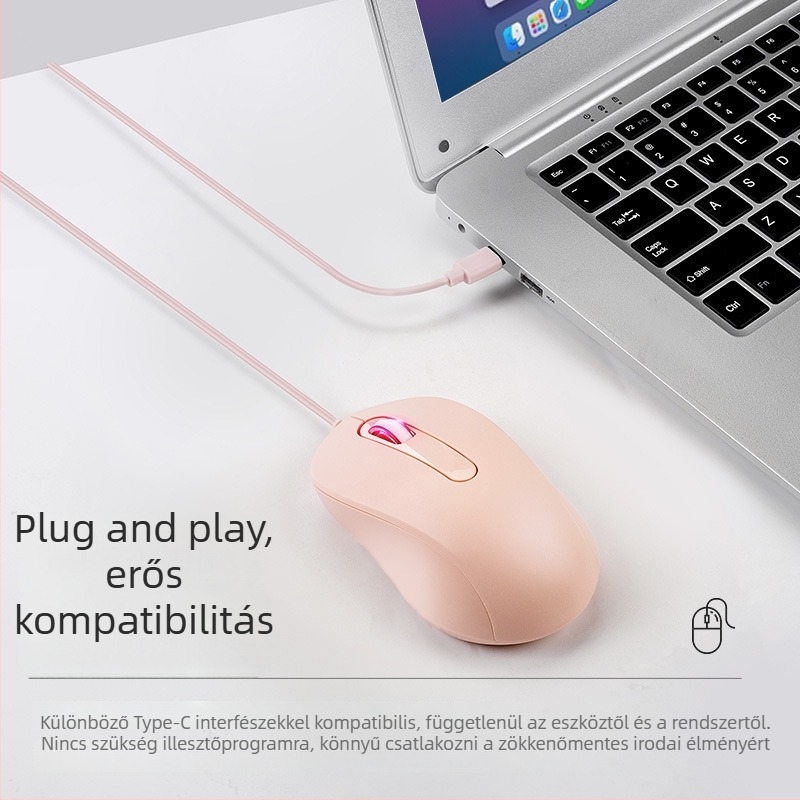 Type-C vezetékes optikai egér, 1000dpi, 3 gomb, USB interfész, 1.5 m kábel