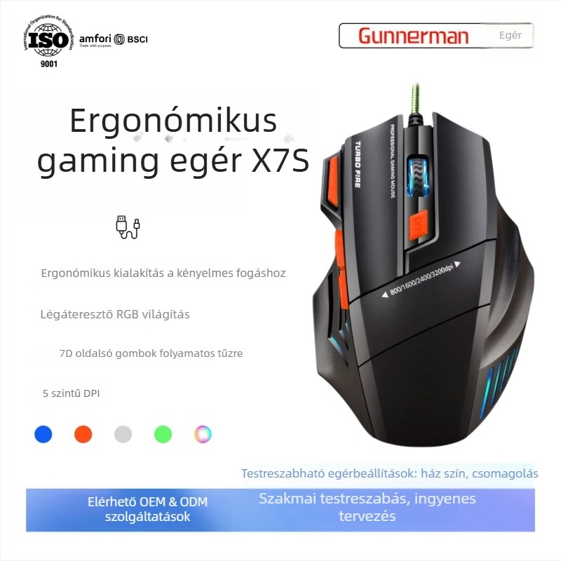 Optikai egér, 2400 DPI, 7 gomb, USB-kábeles kapcsolat, 1,5 m hosszú kábel