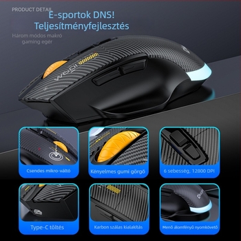 Gamer egér W601 – 12800 DPI, USB interfész, 2.4G vezeték nélküli, 7 gomb, Makró támogatás